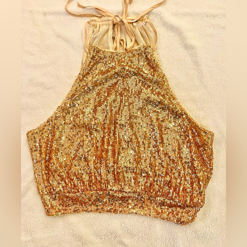 FREE PEOPLE GOLD SEQUIN CROP TOP TIE BACK TOP
